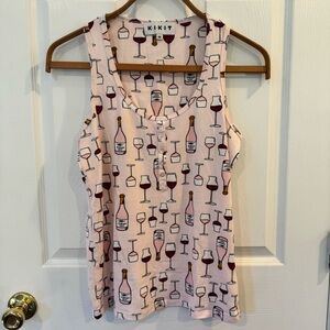 KIKIT Wine Print Tank Top Pink Sleeveless Button Front Women’s Medium
